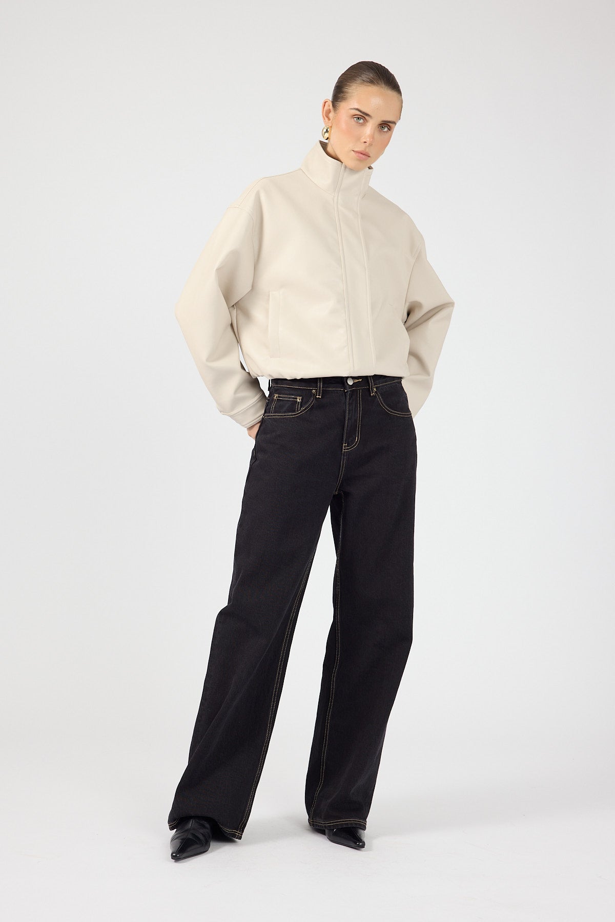 Funnel Neck Faux Leather Bomber Jacket Stone