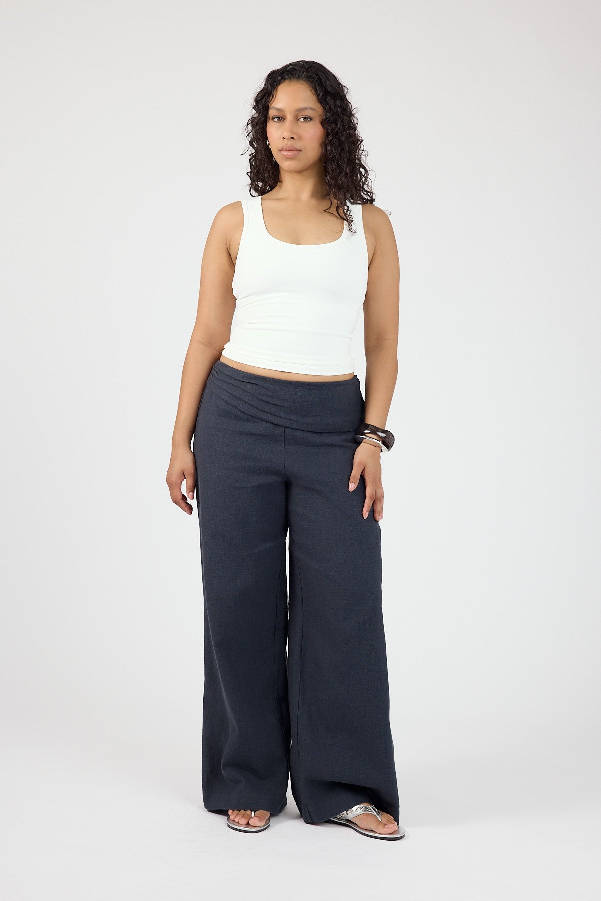 Linen Fold Over Pants Slate