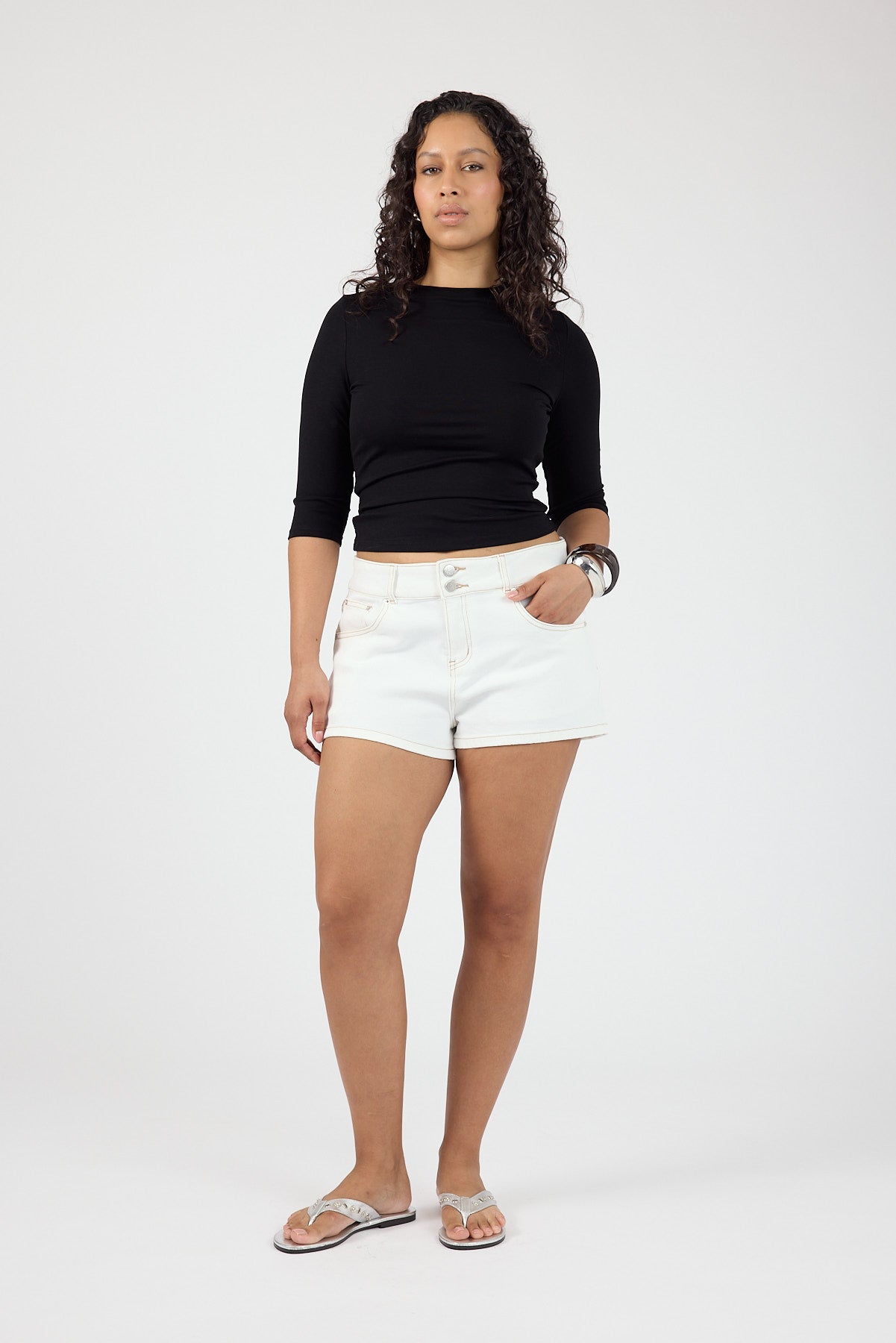 Mid Rise Denim Short Off White