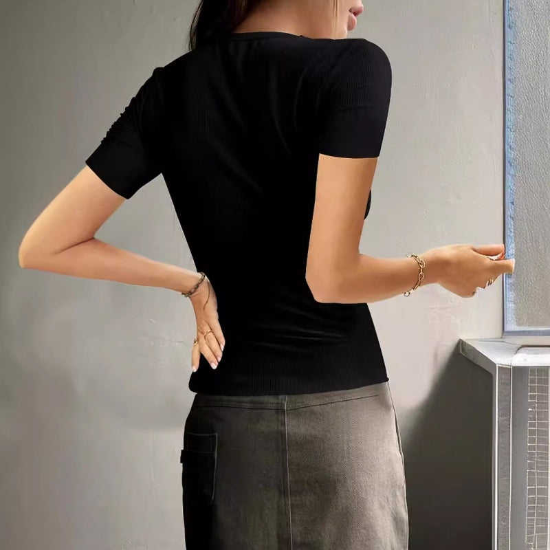 Women's Short Sleeve Henley Ribbed Knit Top