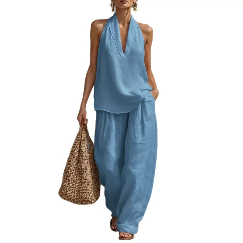 Ensemble bohème 2 pièces en lin - haut dos nu sans manches et pantalon large