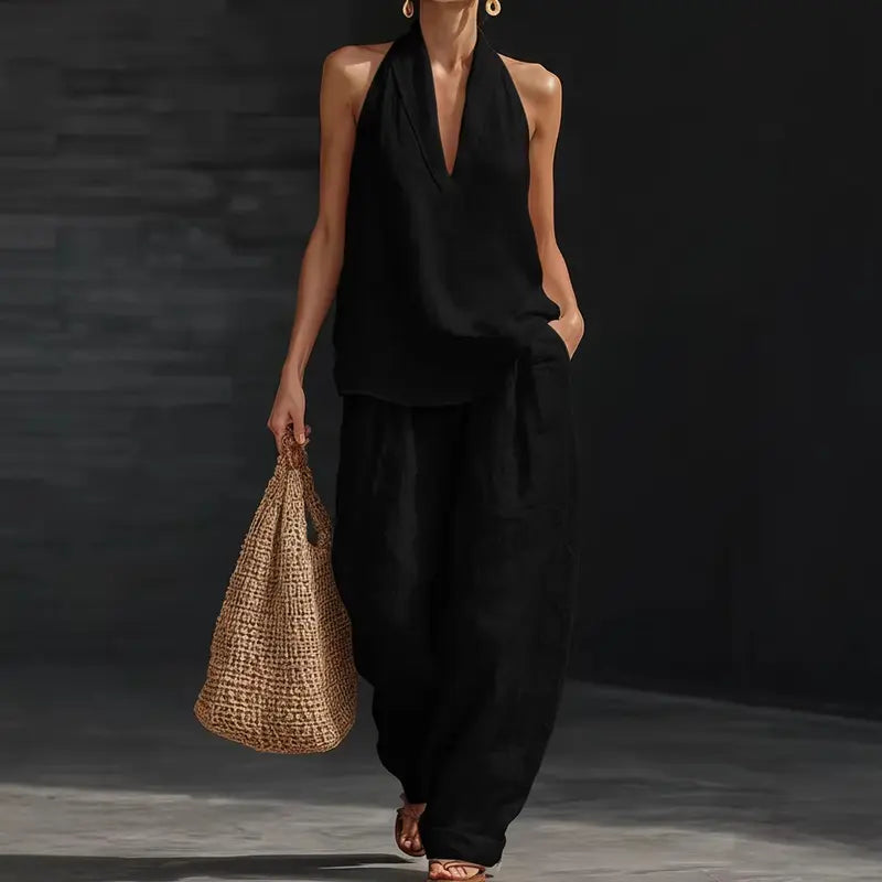 Ensemble bohème 2 pièces en lin - haut dos nu sans manches et pantalon large