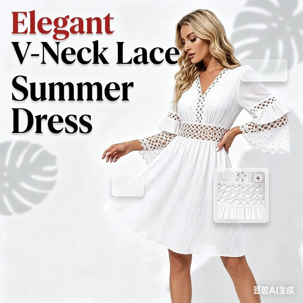 Elegante abito con scollo a V e dettagli traforati in pizzo. Entra nell'estate con stile