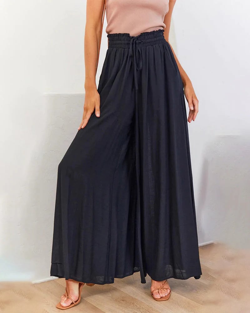 Pantaloni NOW tinta unita, a gamba larga e vita alta ¨C misto cotone, vestibilità ampia e coulisse regolabile