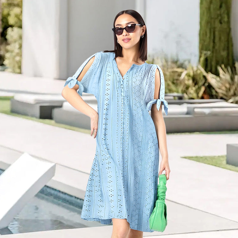 Women's Elegant V-Neck Hollow-Out Solid Dress
