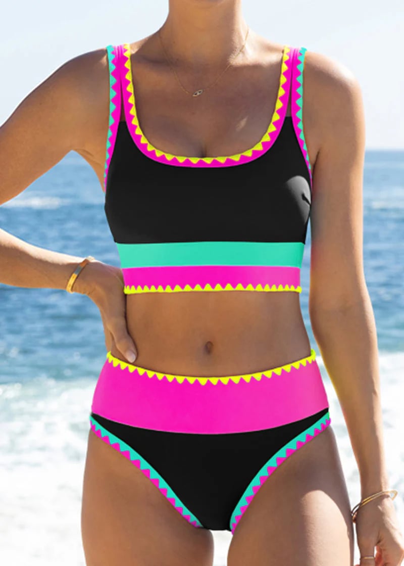 Color Block Patchwork Nylon Sporty 3-Piece Bikini Set