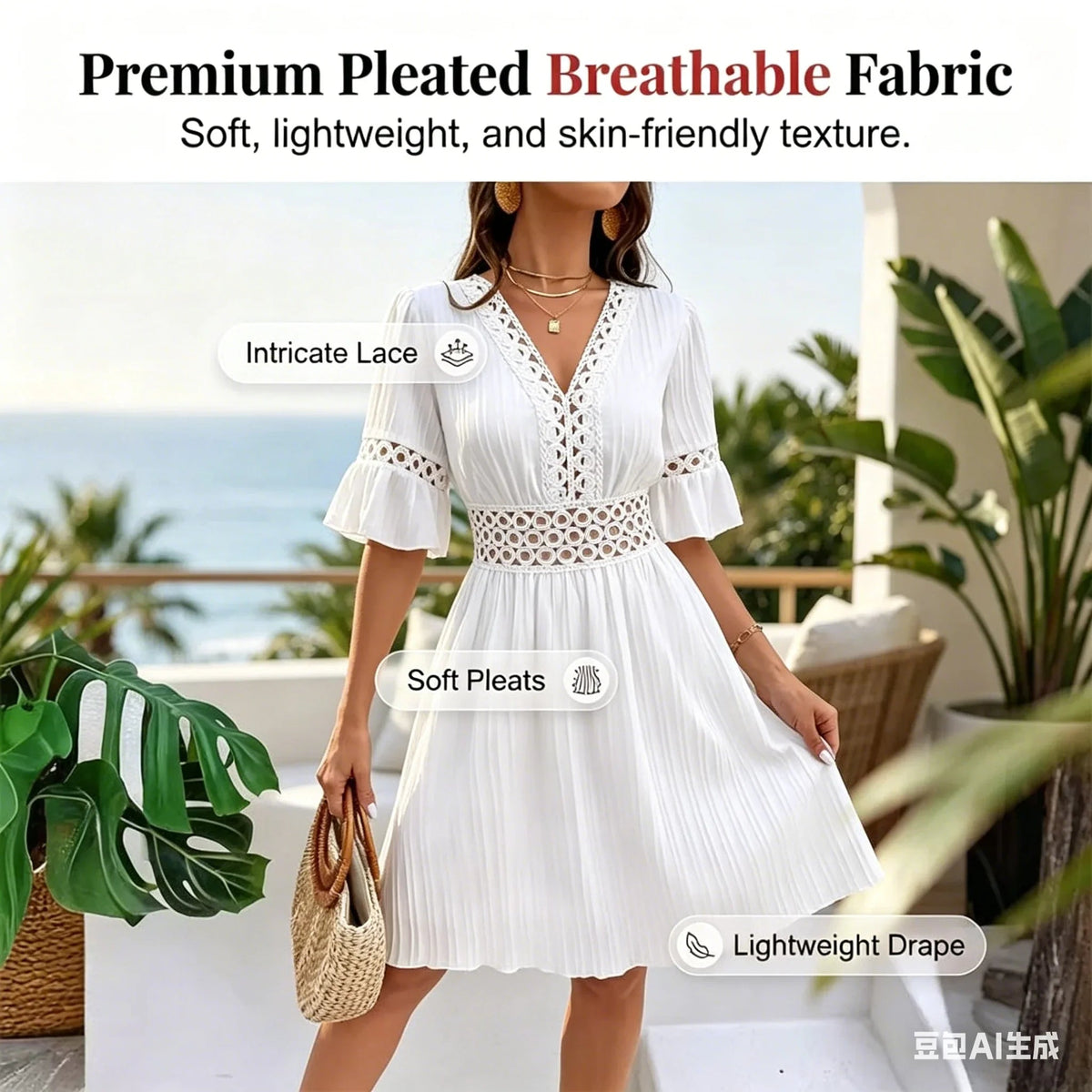 Elegante abito con scollo a V e dettagli traforati in pizzo. Entra nell'estate con stile