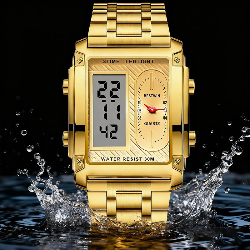 Orologio sportivo multifunzionale da uomo, quadrato e creativo, con doppio movimento