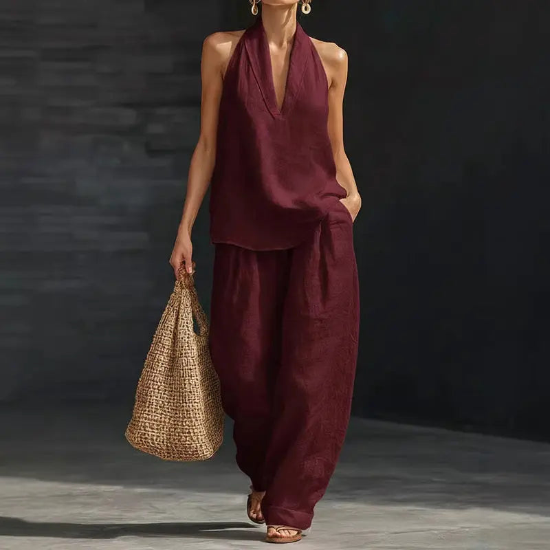 Ensemble bohème 2 pièces en lin - haut dos nu sans manches et pantalon large