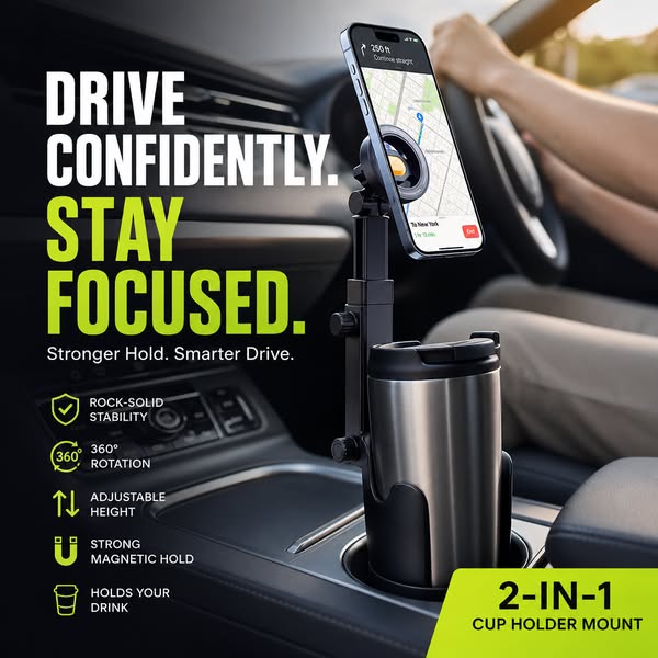 Telefoonhouder voor in de bekerhouder van de auto - 360° verstelbaar, sterke N52-magneet, bediening met één hand