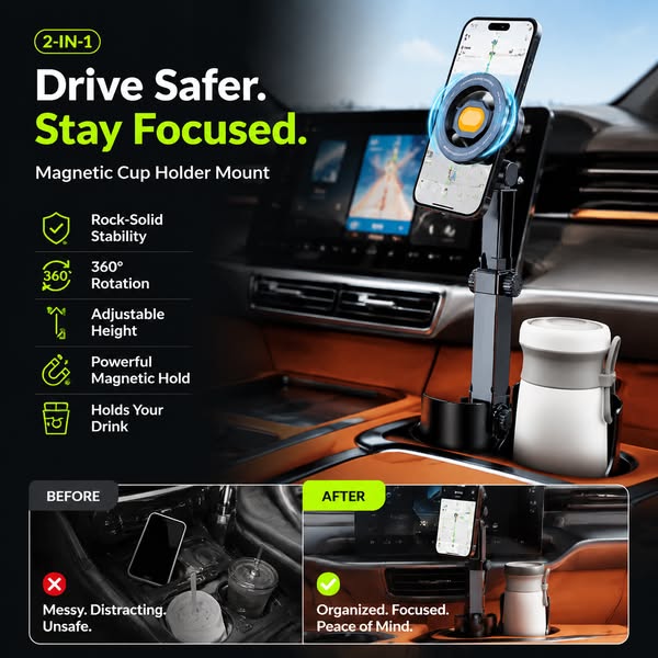 Support de téléphone pour porte-gobelet de voiture - réglable à 360°, puissant aimant N52, utilisation à une main
