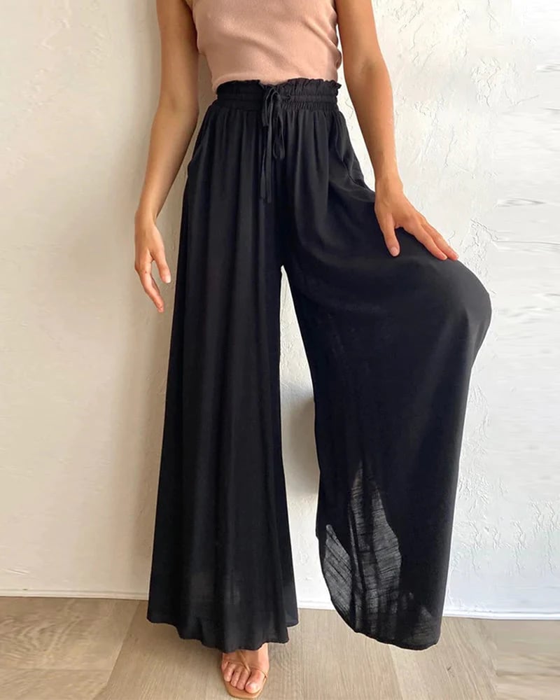 Pantaloni NOW tinta unita, a gamba larga e vita alta ¨C misto cotone, vestibilità ampia e coulisse regolabile
