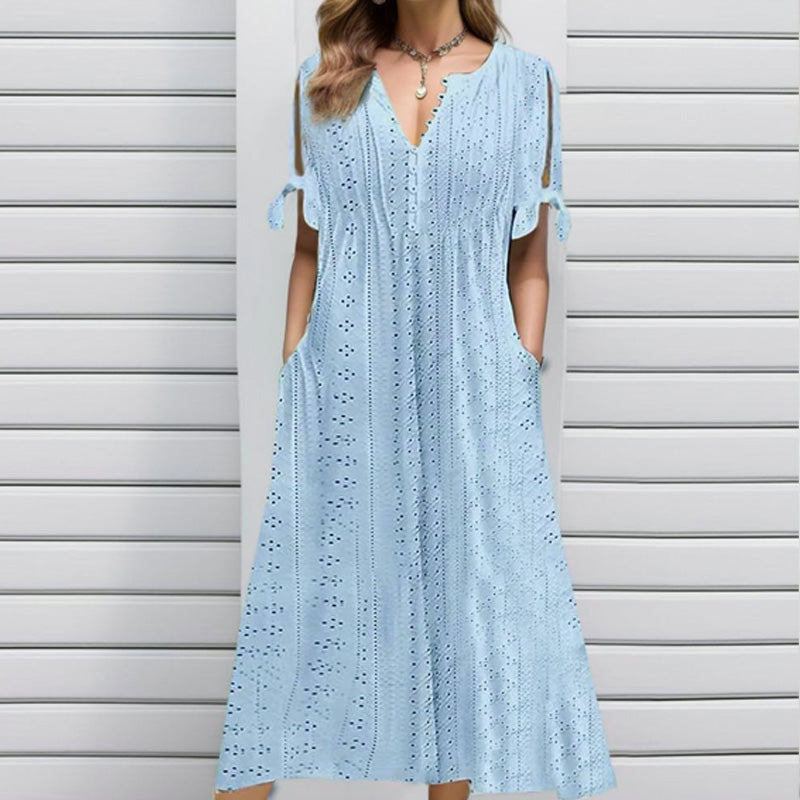 Women's Elegant V-Neck Hollow-Out Solid Dress