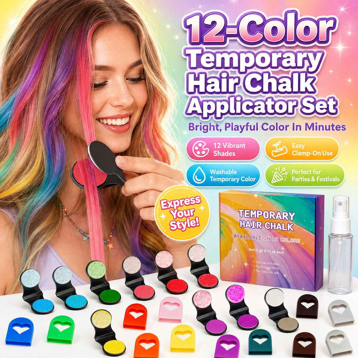 Set de aplicadores de tizas temporales para el cabello en 12 colores