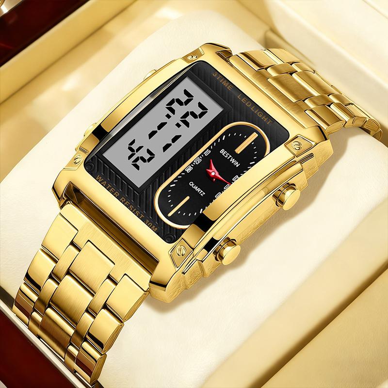 Orologio sportivo multifunzionale da uomo, quadrato e creativo, con doppio movimento