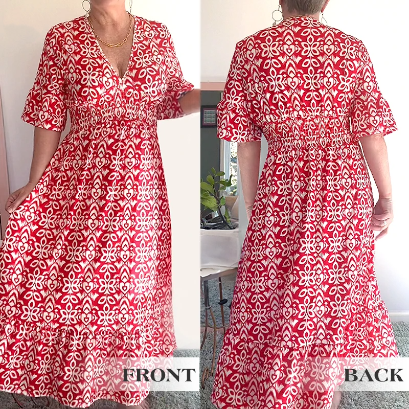 Vestido largo bohemio casual de verano, con estampado, escote en V y lazo en la cintura