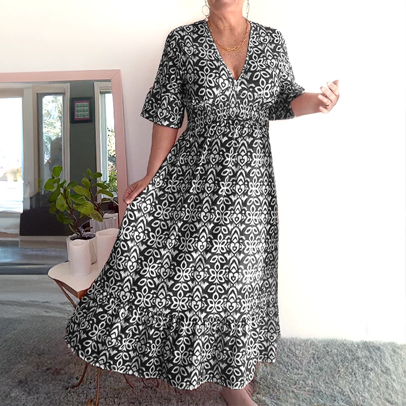 Vestido largo bohemio casual de verano, con estampado, escote en V y lazo en la cintura