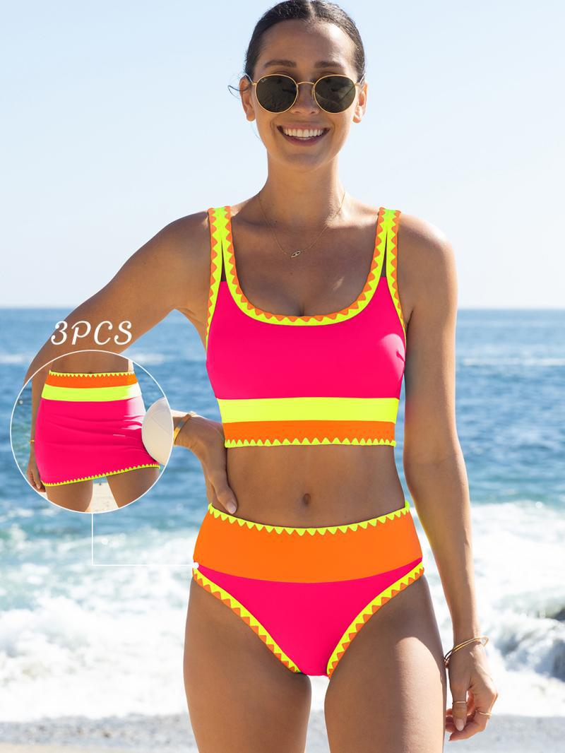 Color Block Patchwork Nylon Sporty 3-Piece Bikini Set