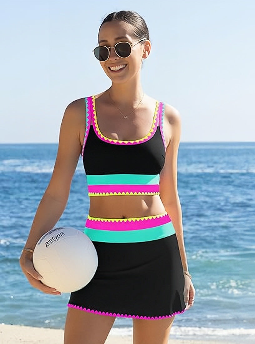 Color Block Patchwork Nylon Sporty 3-Piece Bikini Set