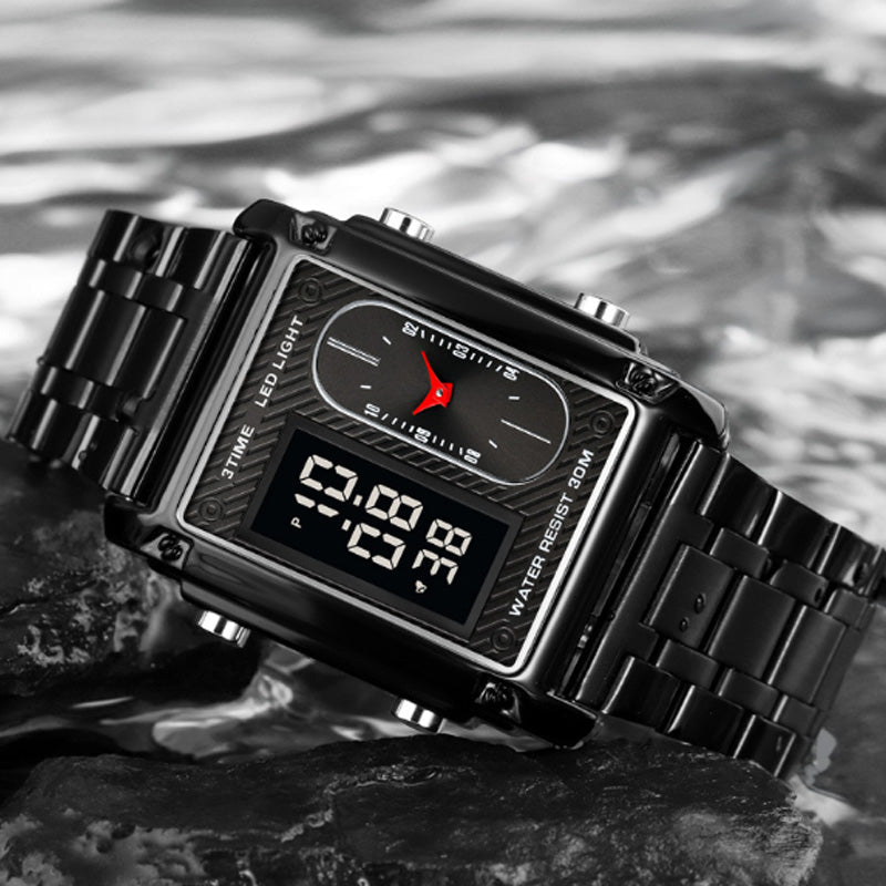 Orologio sportivo multifunzionale da uomo, quadrato e creativo, con doppio movimento