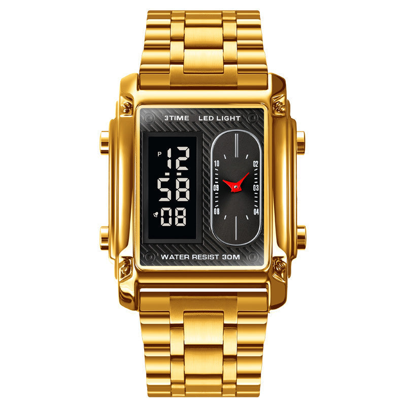 Orologio sportivo multifunzionale da uomo, quadrato e creativo, con doppio movimento