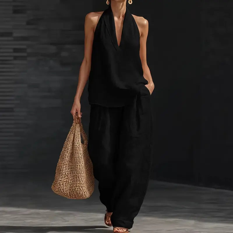 Ensemble bohème 2 pièces en lin - haut dos nu sans manches et pantalon large