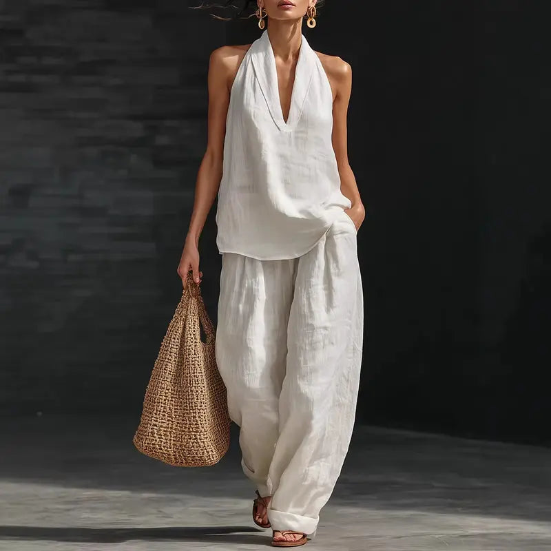 Ensemble bohème 2 pièces en lin - haut dos nu sans manches et pantalon large