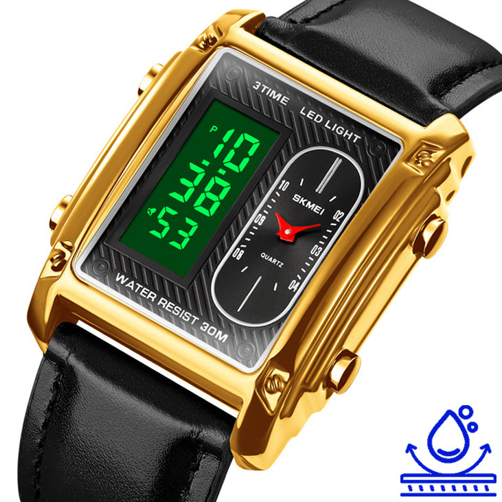 Orologio sportivo multifunzionale da uomo, quadrato e creativo, con doppio movimento