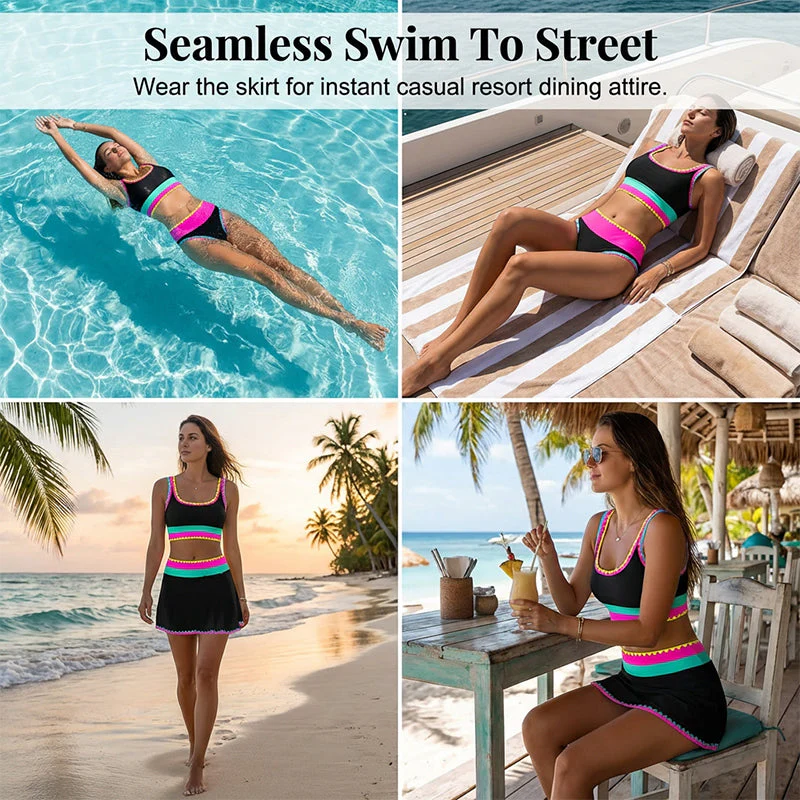 Color Block Patchwork Nylon Sporty 3-Piece Bikini Set