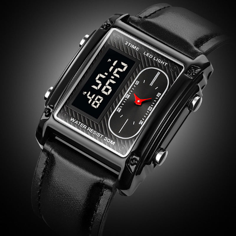 Orologio sportivo multifunzionale da uomo, quadrato e creativo, con doppio movimento