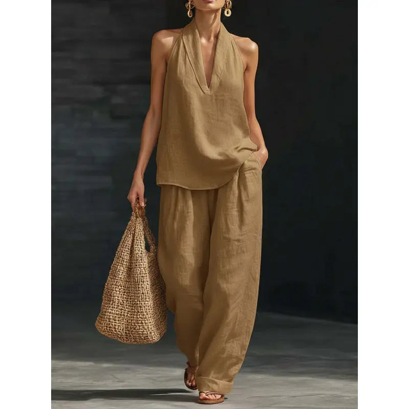 Ensemble bohème 2 pièces en lin - haut dos nu sans manches et pantalon large