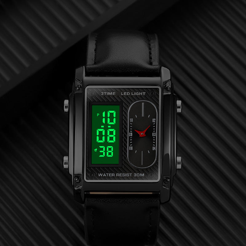 Orologio sportivo multifunzionale da uomo, quadrato e creativo, con doppio movimento
