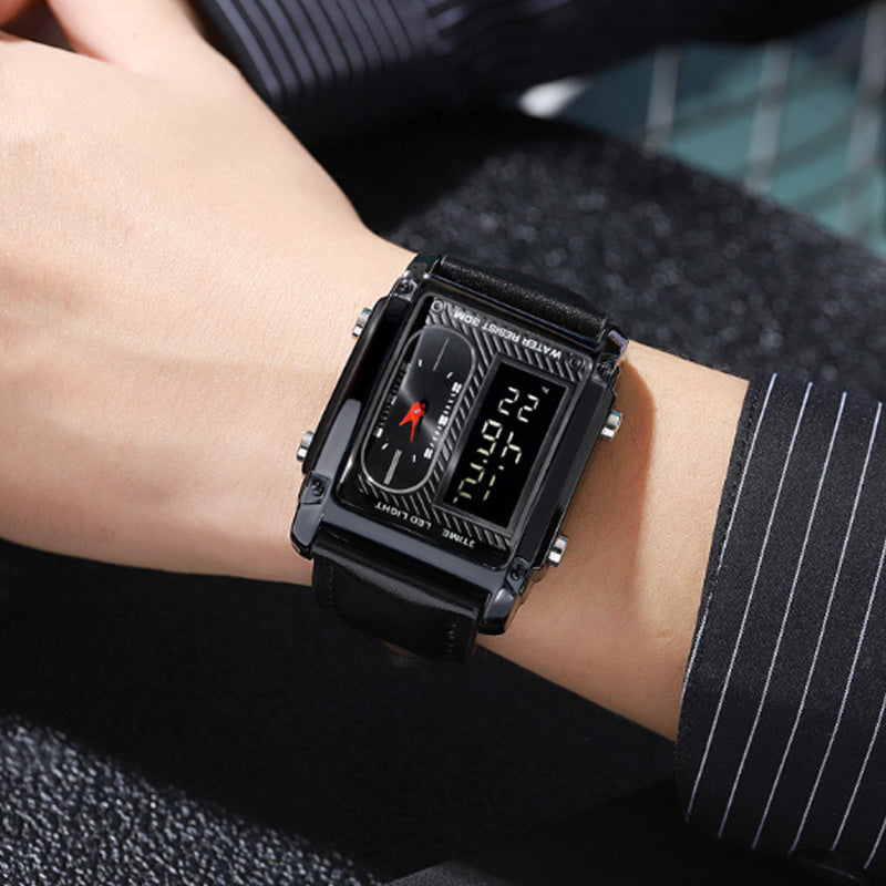 Orologio sportivo multifunzionale da uomo, quadrato e creativo, con doppio movimento