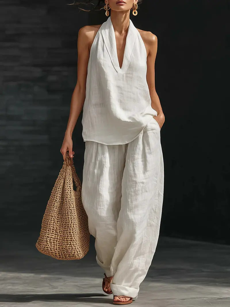 Boho Linen Two Piece Set - Halter Neck Sleeveless Top Wide Leg Pants Set