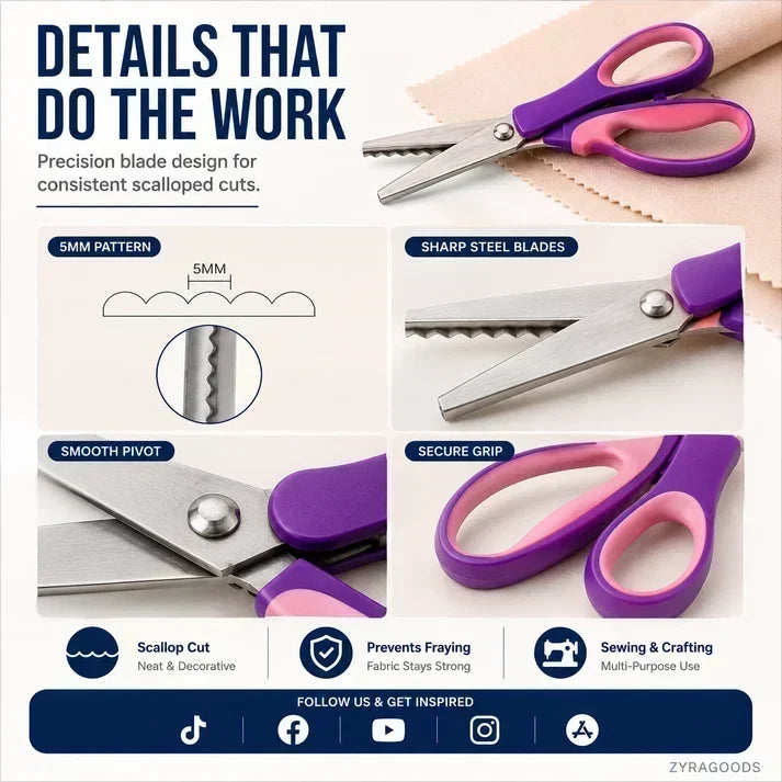 Tijeras dentadas multiusos para cortar tela en zigzag ¨C mango ergonómico y acero resistente al óxido