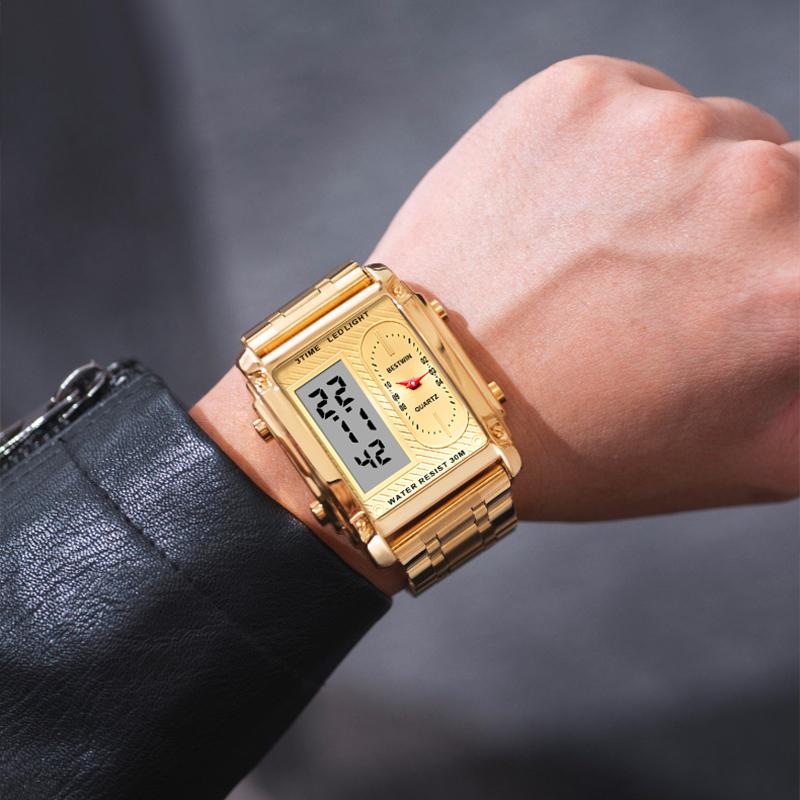 Orologio sportivo multifunzionale da uomo, quadrato e creativo, con doppio movimento