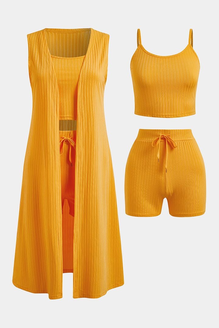 3-delige set met gebreide top, shorts en vest