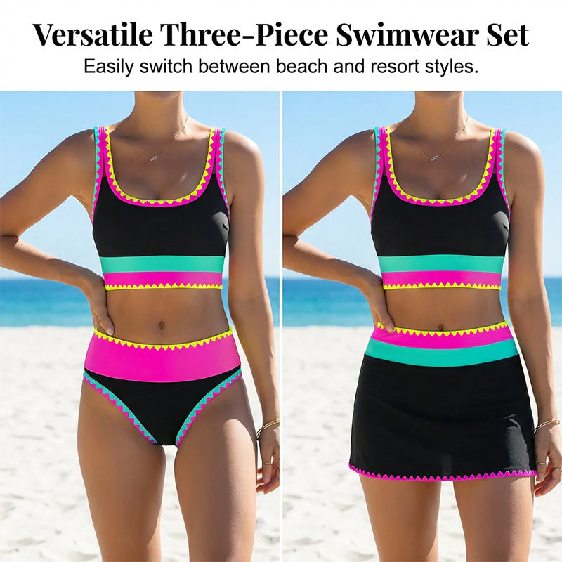 Color Block Patchwork Nylon Sporty 3-Piece Bikini Set