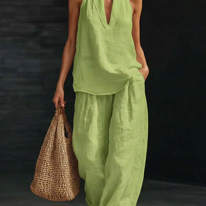 Ensemble bohème 2 pièces en lin - haut dos nu sans manches et pantalon large