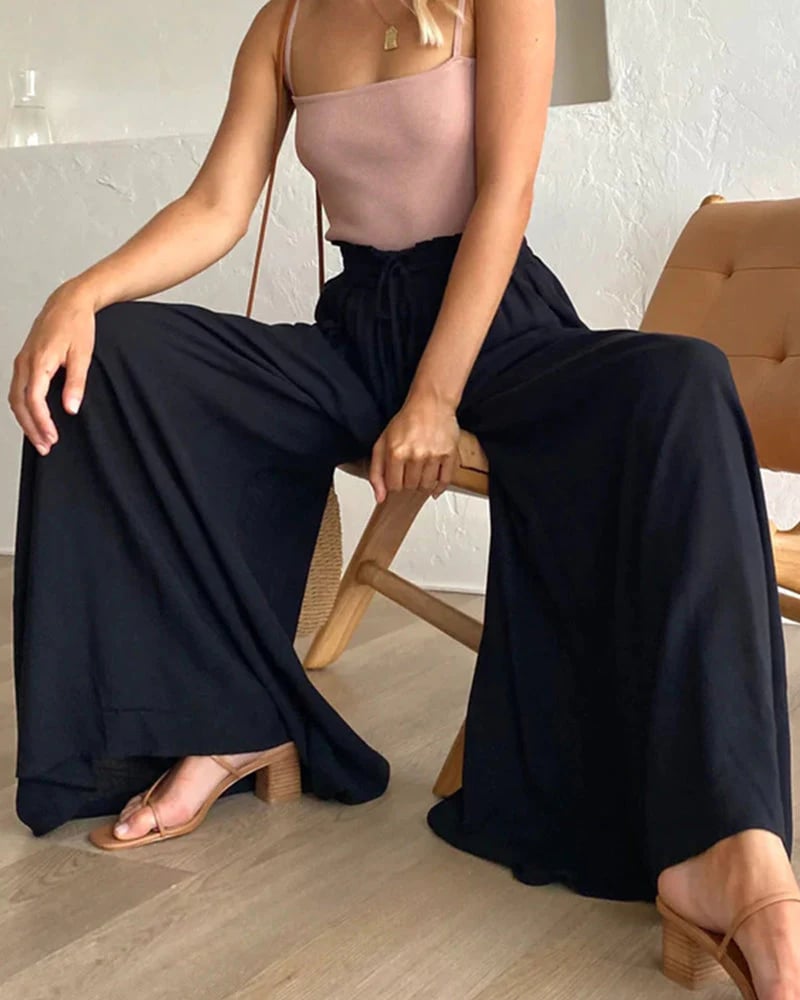 Pantaloni NOW tinta unita, a gamba larga e vita alta ¨C misto cotone, vestibilità ampia e coulisse regolabile