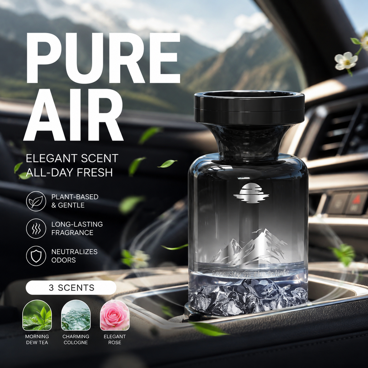 Désodorisant longue durée pour voiture, 110 ml ¨C extraits de plantes naturelles, élimine les odeurs de fumée et d'animaux. Des semaines de fraîcheur. Design montagne. Respirez à pleins poumons