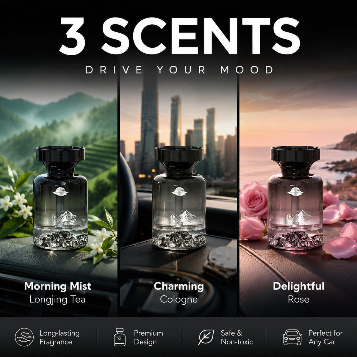 Désodorisant longue durée pour voiture, 110 ml ¨C extraits de plantes naturelles, élimine les odeurs de fumée et d'animaux. Des semaines de fraîcheur. Design montagne. Respirez à pleins poumons
