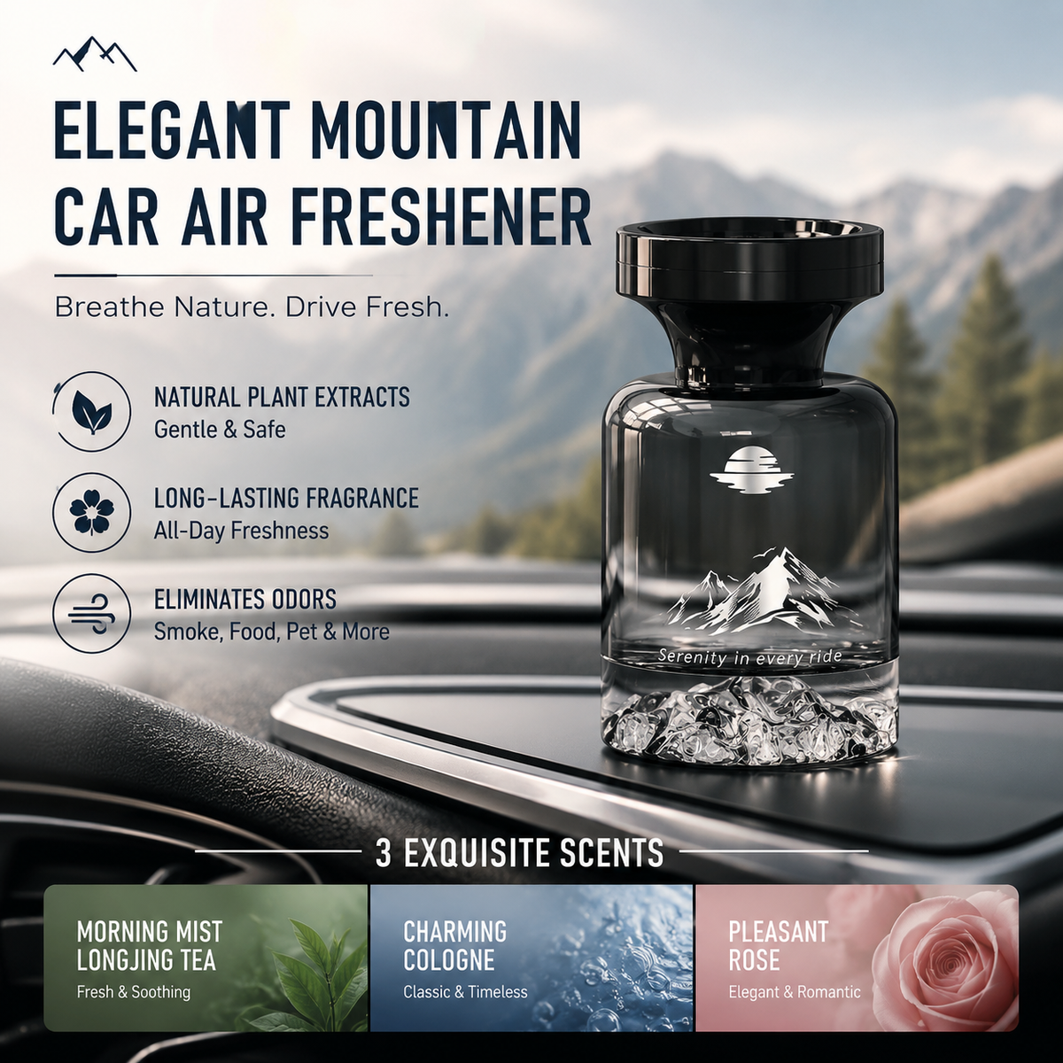 110ml Long-Lasting Car Air Freshener ¨C Natural plant extracts, eliminates smoke & pet odours. Weeks of freshness. Mountain design. Breath e