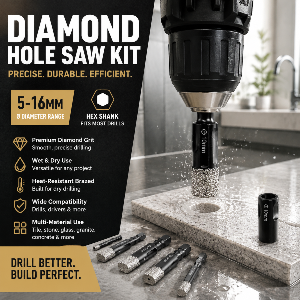 NOW Diamond Drill Bits Set ¨C 5-16mm Sizes, Hex Shank, Dry/Wet Use ¨C Smooth Precision Holes