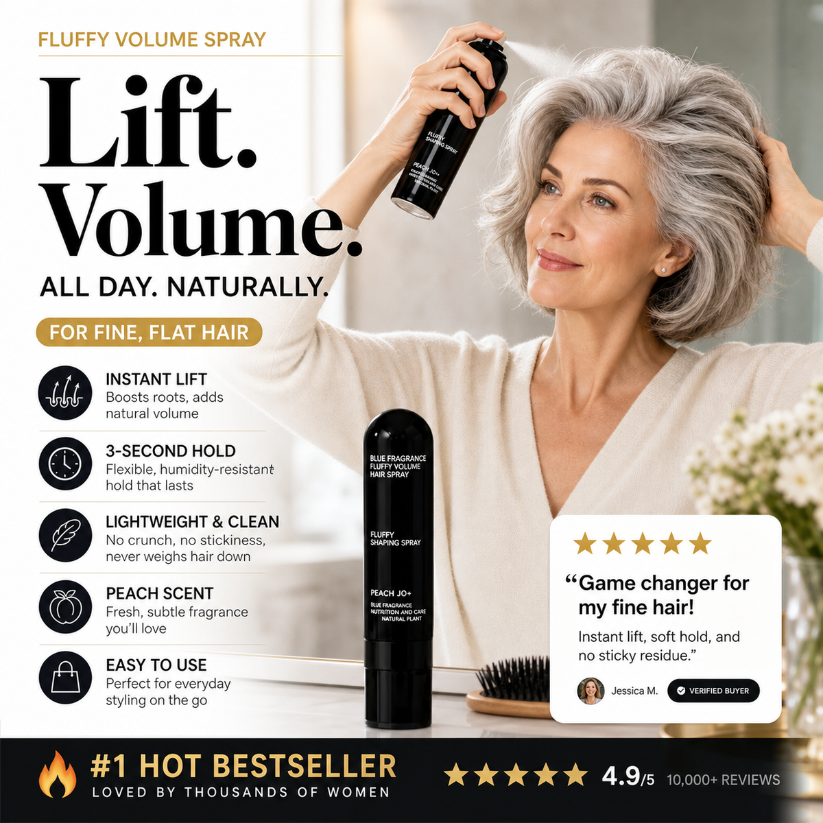 Spray moldeador para cabello esponjoso, bruma voluminizadora con aroma duradero a melocotón para una fijación durante todo el día