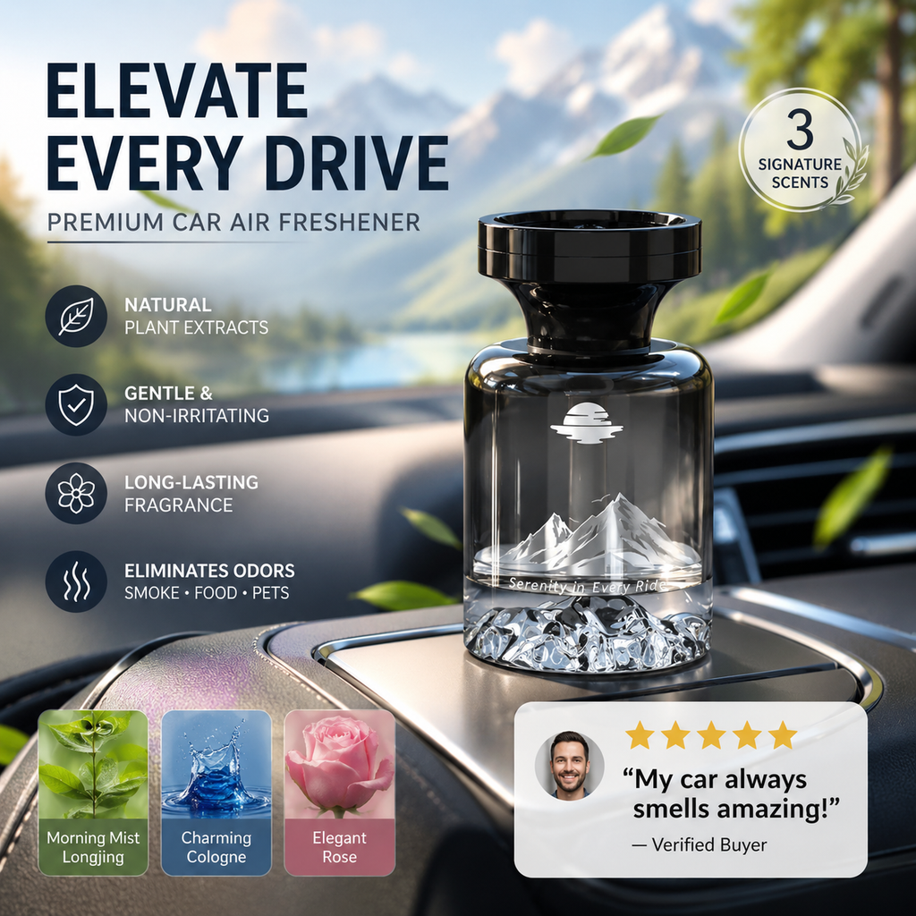 Désodorisant longue durée pour voiture, 110 ml ¨C extraits de plantes naturelles, élimine les odeurs de fumée et d'animaux. Des semaines de fraîcheur. Design montagne. Respirez à pleins poumons