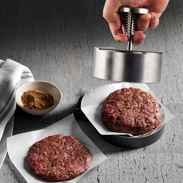 Prensa manual para carne de hamburguesa ¨C acero inoxidable 304, apta para lavavajillas y antiadherente
