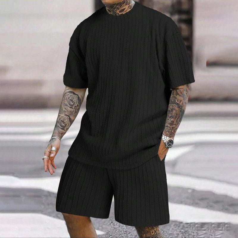 Conjunto de verano de 2 piezas para hombre - Camiseta de hombros caídos y pantalones cortos con cordón