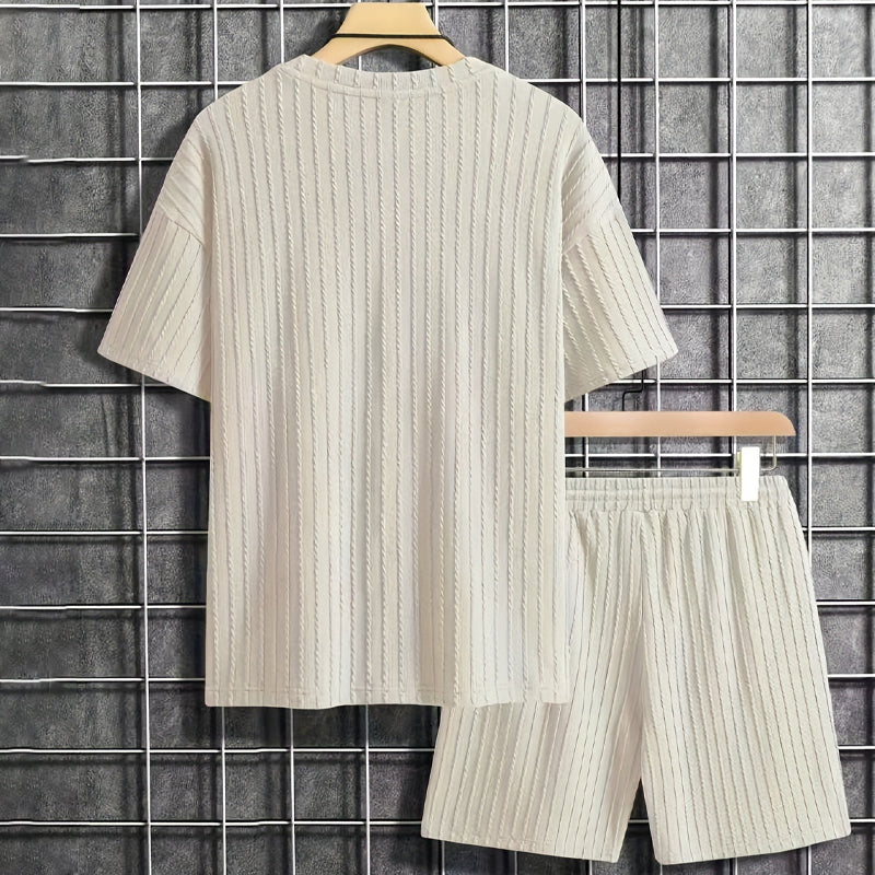 Conjunto de verano de 2 piezas para hombre - Camiseta de hombros caídos y pantalones cortos con cordón