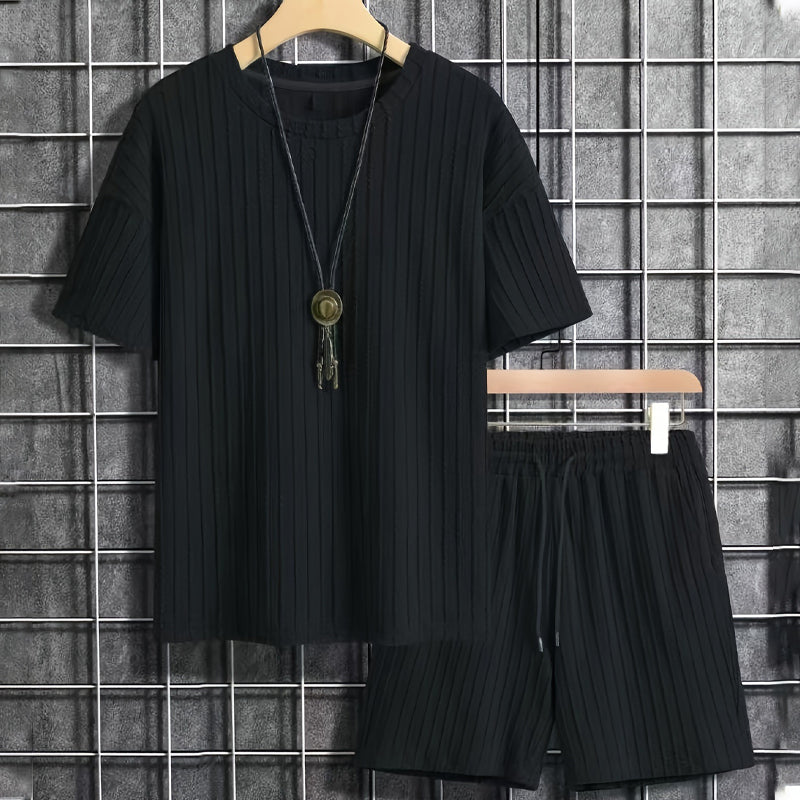 Conjunto de verano de 2 piezas para hombre - Camiseta de hombros caídos y pantalones cortos con cordón